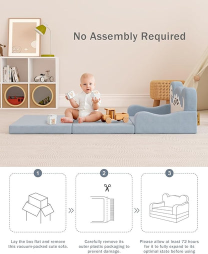 YACODAVO 2-in-1 Kids Couch Fold Out, Convertible Toddler Couch to Lounger, Toddler Chair Comfy, Kids Sofa for Girls and Boys, Gift for Birthday, Children's Day, Dinosaur Blue