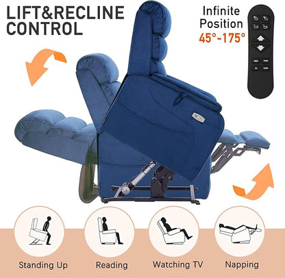 EONIX Wide Lay Flat Power Lift Recliner Chair for Elderly, Heavy Duty Oversized Fabric Lift Chairs Recliner Sofa with Heat and Massage and Charging Ports, Chenille Blue