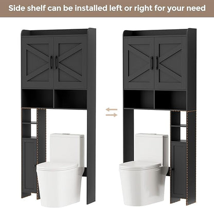 Homhedy Over The Toilet Storage Cabinet with 2 Barn Door and Toilet Paper Holder Stand, FreeStanding Toilet Shelf Space Saver, for Bathroom, Restroom, Laundry, Black