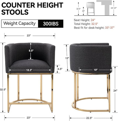 Linen Bar Stools Set of 3, 24" Contemporary Upholstered Fabric Counter Height Bar Stools Kitchen Counter Island Stools Barstools with Golden Metal Base, Charcoal