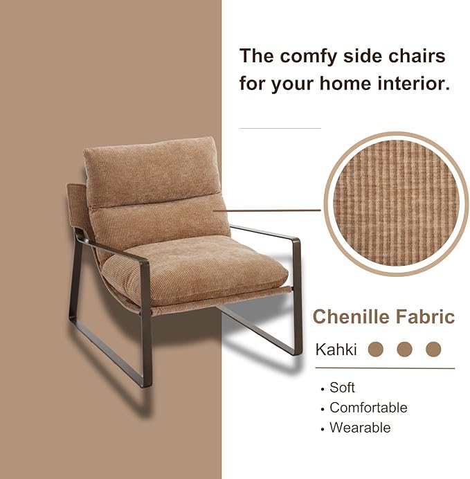 HEAH-YO Modern Accent Chairs Set of 2, Upholstered Chenille Living Room Chairs with Bronze Metal Legs, Comfy Arm Side Chairs for Bedroom, Khaki