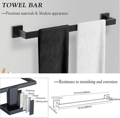 BOZWELL 5 Pieces Matte Black Bathroom Hardware Accessories Set Square Towel Racks for Bathroom 23.6 inch Stainless Steel Towel Bar Set Wall Mounted Towel and TP Set