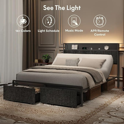 FLEXISPOT Queen Adjustable Bed + 12" Cooling Gel Memory Foam Mattress, Storage Headboard, Charging Station, LED Light, Drawers, Quiet DC Motor, Easy Assembly – Bonus 4-Piece Queen Sheet Set Included