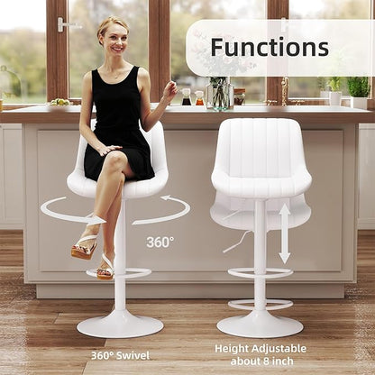 Youhauchair Bar Stools Set of 2, Swivel Counter Height Barstools with Back, Adjustable PU Leather Bar Chairs, Modern Armless Kitchen Island Stool, White