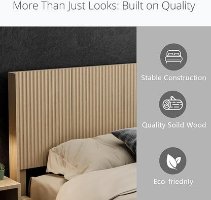 KEIKI Wooden Queen Size Headboard Only, 64.5" Wide Farmhouse Headboards with Wall Mounted Fluted Panel & Wingback for Bedroom, Oak