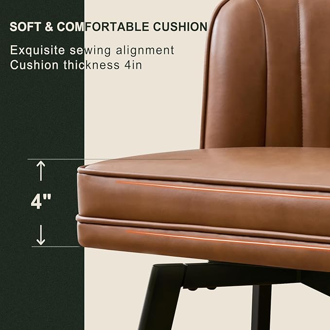 Swivel Counter Height Bar Stools Set of 2, 26'' Modern Barstools with Backs and Metal Legs, Upholstered Bar Chairs, Faux Leather Dark Brown Stools for Kitchen Island Chairs