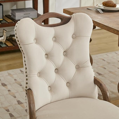 Velvet Dining Chairs Set of 2, Solid Wood Handles, Wooden Upholstered Dining Chair, Vintage Copper Nail Decoration, Mid Century Modern Kitchen Chair (Beige, Set of 2)