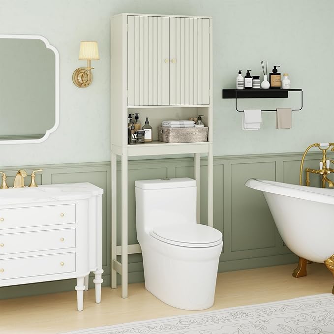 Tangkula Over The Toilet Storage Cabinet, Bathroom Space Saver with Fluted Doors Adjustable Shelf & Bottom Bar, Freestanding Above Toilet Storage Cabinet Organizer for Laundry, Restroom (Cream White)