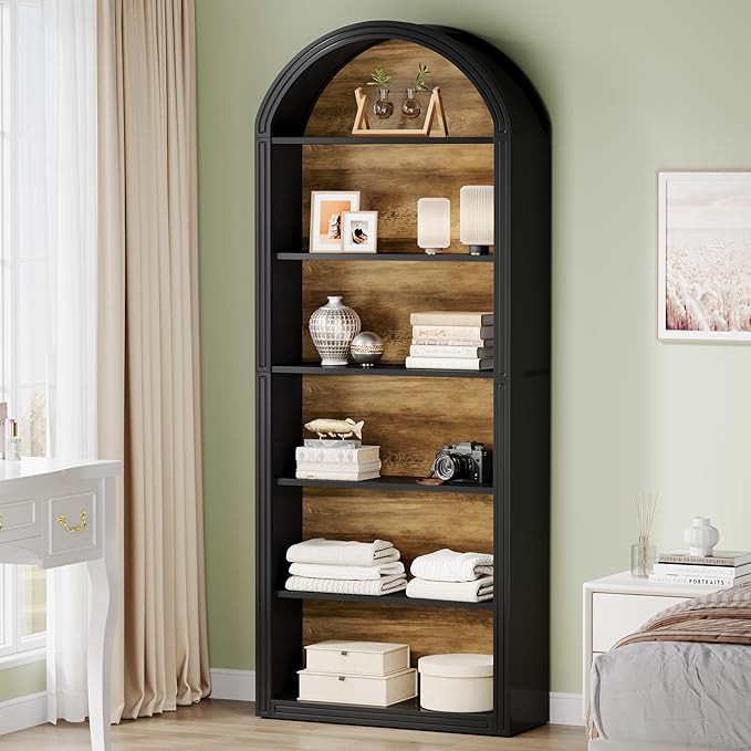Tribesigns 77.16" Tall Arched Bookshelf, 6-Tier White Arched Bookcase with Storage Shelves for Living Room, Bedroom, Set of 2 (Black, 6-Tier)