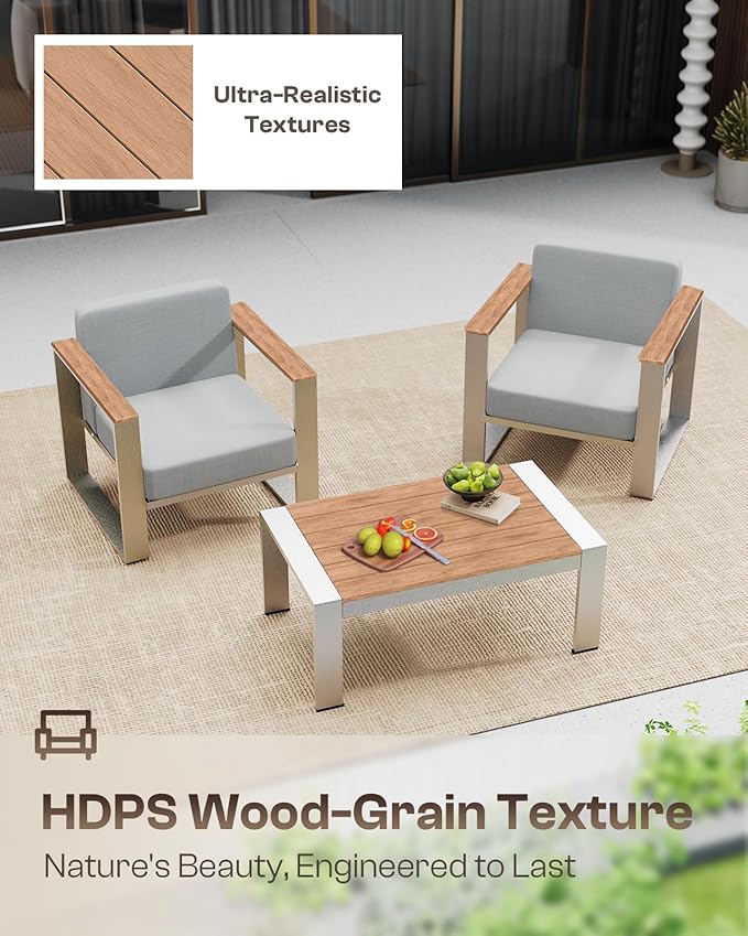 Outdoor Patio Furniture Set, 7 Seats Outdoor Patio Conversation Sets with Ergonomic Seat and Wide Washable Thick Cushions, Modern Patio Sectional Furniture for Balcony, Porch（Teak-Gray