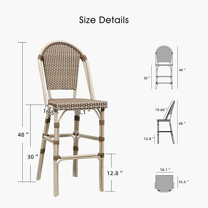 PURPLE LEAF French Bar Stool Set of 2 White Print Finish Patio Bar Stools with Back Rattan Chairs Wicker Bar Height Stool 30" with Footrest Kitchen Island Stools Outdoor Barstool Brown