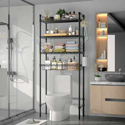 PrimeZone Over The Toilet Storage Shelf - 4 Tier Adjustable Metal Bathroom Wire Shelves Organizer with 2 Hooks, Freestanding Above Toilet Storage Rack for Bathroom Laundry, White