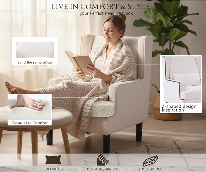 Modern Accent Chair for Living Room Chairs Upholstered Oversized Reading Chair Accent Chairs for Living Room Sofa Chair Armchair with High Back and Wood Legs,Arm Chair Comfy Chair for Bedroom (Beige)