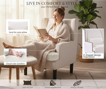 Modern Accent Chair for Living Room Chairs Upholstered Oversized Reading Chair Accent Chairs for Living Room Sofa Chair Armchair with High Back and Wood Legs,Arm Chair Comfy Chair for Bedroom (Beige)