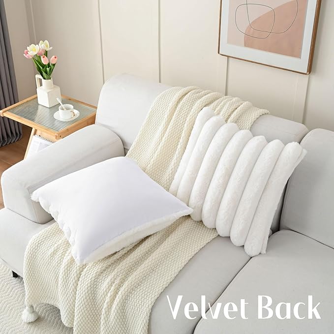 FUTEI Cream White Decorative Throw Pillow Covers 24x24 Inch Set of 2, Square Soft Faux Rabbit Fur Thick Striped European Cushion Covers,Winter Home Decor for Couch Bed Living Room