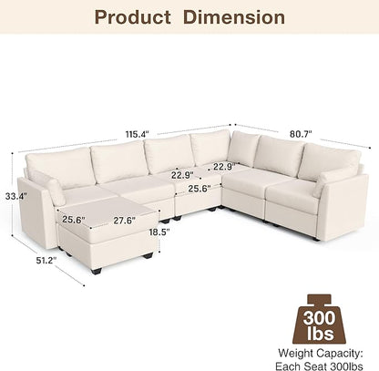 Modular Sectional Sofa Couches, Large Convertible Modular Couches with Storage, 7-Seater Sectional Sofa for Living Room, U Shaped Sectional Couch Sleeper Sofa with Chaise (Beige, 7 Seats)