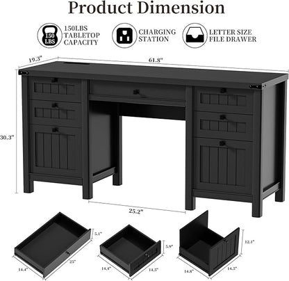 Executive Desk, Modern Farmhouse Computer Desk with Drawers & Cabinet, Home Office Desk for Work Study Writing Workspace (Black, 62")