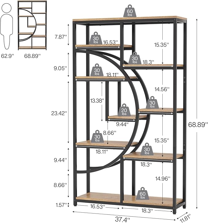 Tribesigns Bookshelf Industrial 5 Tier Etagere Bookcase, Freestanding Tall Bookshelves Display Shelf Storage Organizer with 9-Open Storage Shelf for Living Room, Bedroom (Light Oak, 2 Pack)