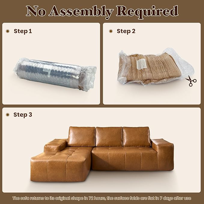 114" Boneless Couches for Living Room, Brown Faux Leather Cloud Sectional Couches with Chaise, Deep Seat L Shaped Modular Sofa, No Assembly Required Sofas in a Box (Left,Faux Leather,Brown)