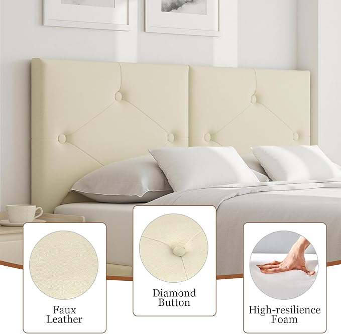 King Size Headboard Only, Faux Leather Headboard with Solid Wood & Sturdy Metal Legs, Adjustable Height Bed Headboards King Tufted Upholstered in Modern Button Design, Beige