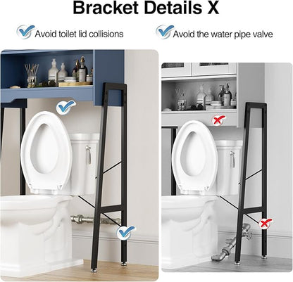 Over The Toilet Storage Cabinet with Tempered Glass Doors and Adjustable Shelf, Bathroom Organizer with Metal Stand Space Saver Over Toilet , Modern Toilet Rack for Bathroom, Restroom, Laundry, Blue