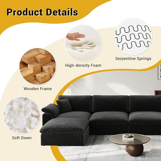 Cloud Modular Couch for Living Room,V Shape Linen Blend Sofas,Modern Deep Seat Cloud Sofas,Convertible Comfort Down Filled Sectional Couches,Removable Washable Cushion Covers,Black