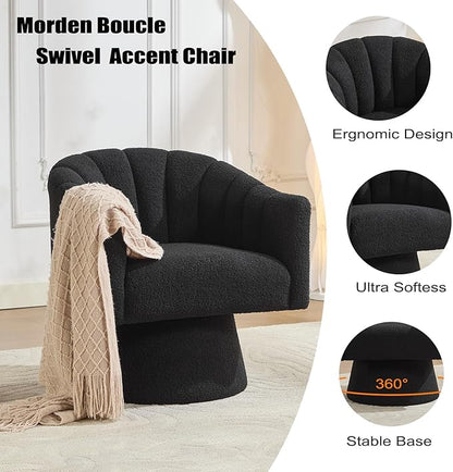 Swivel Accent Chair,Upholstered Teddy 360° Swivel Barrel Chair for Living Room Overstuffed Bouncle Reading Chair Round Armchair for Bedroom,Vanity,Office-Black