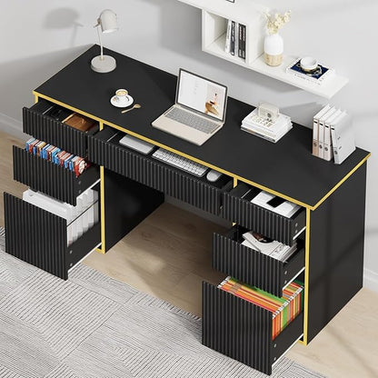 58 Inch Executive Desk with 7 Drawers, Black and Gold Desk with File Drawers for Bedroom, Home Office Desk with Storage for Study, Living Room