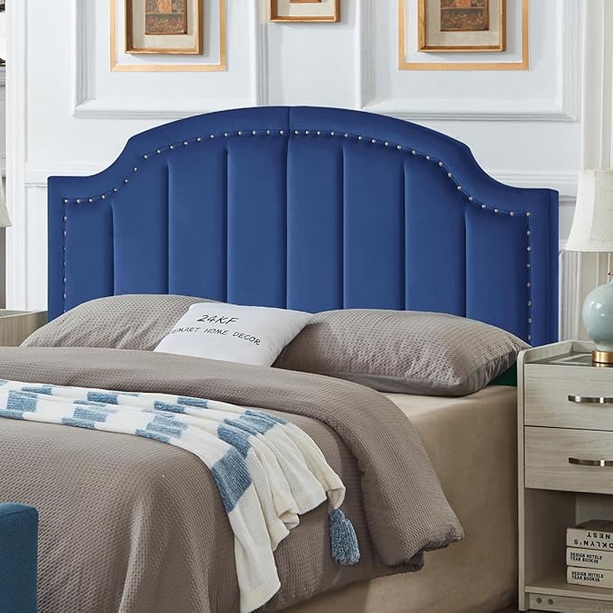 24KF Upholstered Channel Pattern Queen Headboard with Silver Nailhead Trim, Comfy Velvet Headboard Queen/Full, 6052-Q-Navy