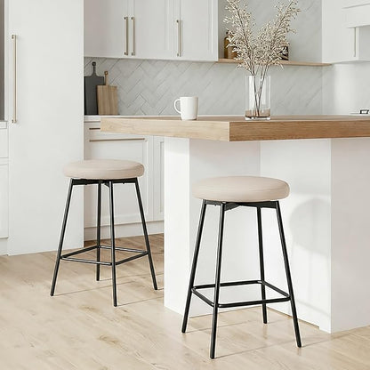 Swivel Bar Stools Set of 6, 24" Counter Height Bar Stool, Backless Barstools with Faux Leather Upholstered Seat&Sturdy Wood Legs for Kitchen Island, Beige