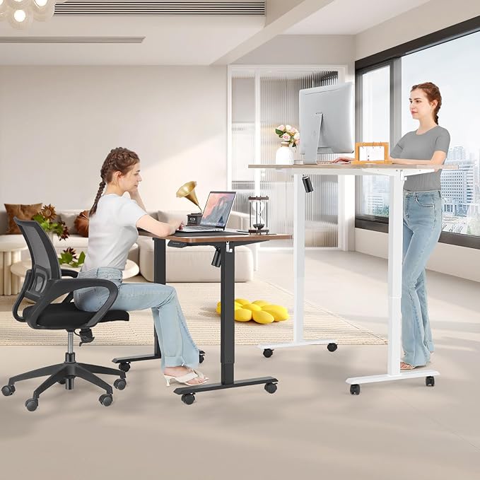 Electric Adjustable Standing Desk with Wheels, 63'' x 24''Sit Stand Desk with Dual Crossbeam and Mouse Pad, 27''-46'' Lifting Range Computer Table with Ergonomic Arc Desktop (Oak Arc)