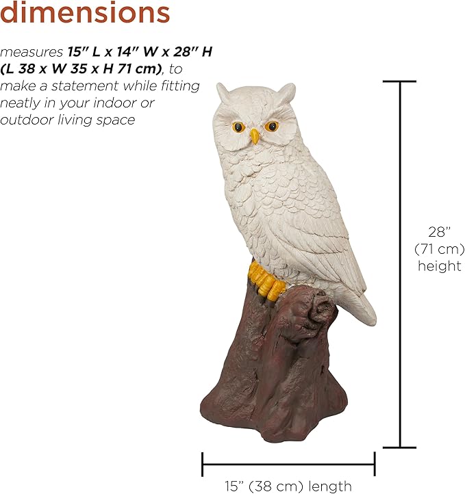 Alpine Corporation JUM584 Indoor Outdoor Life Like Owl on Tree Trunk Garden Static, Rustic Owl Statue for Yard, 28" Tall, White