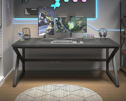 HSH Extra Long Computer Desk, Industrial Metal Wood Home Office Desk, Large PC Laptop Table for 2 Person Executive Writing Work Study Gaming, Bedroom Living Room Dual Monitor Desk, Dark Gray, 70 Inch