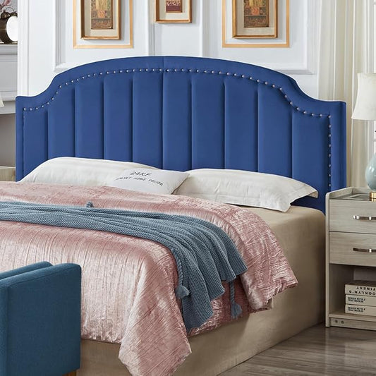 24KF Upholstered Channel Pattern King Headboard with Silver Nailhead Trim, Comfy Velvet Headboard King/CA King, 6052-K-Navy