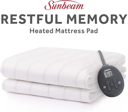 Sunbeam Electric Heated Mattress Pad Soft Cozy Fabric Fast Heating 12 Heat Settings 12-Hour Auto Shut-Off Deep Pocket Skirt Machine Washable Twin 75" x 39"