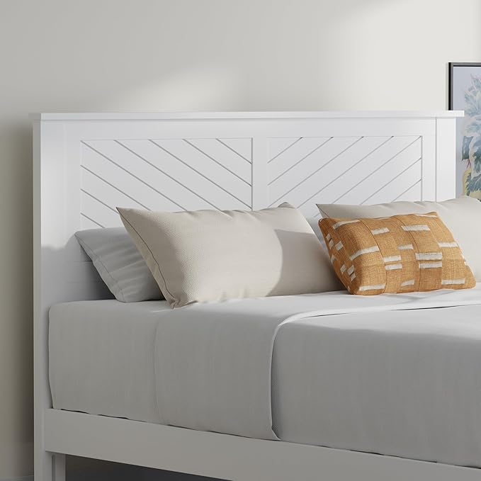 Serene Farmhouse Style Wood Bed in Queen Size with Chevron Scoring Headboard, Coastal Modern Design, Sturdy, Easy Assembly, Ample Underbed Storage, White Finish