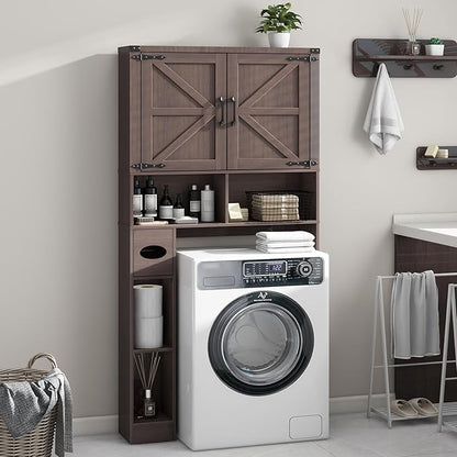 Vabches Over The Toilet Storage Cabinet, Farmhouse Storage Cabinet Over Toilet with Barn Doors & Toilet Paper Holder Stand，Home Space-Saving Toilet Rack, for Laundry, Bathroom, Restroom(Espresso).