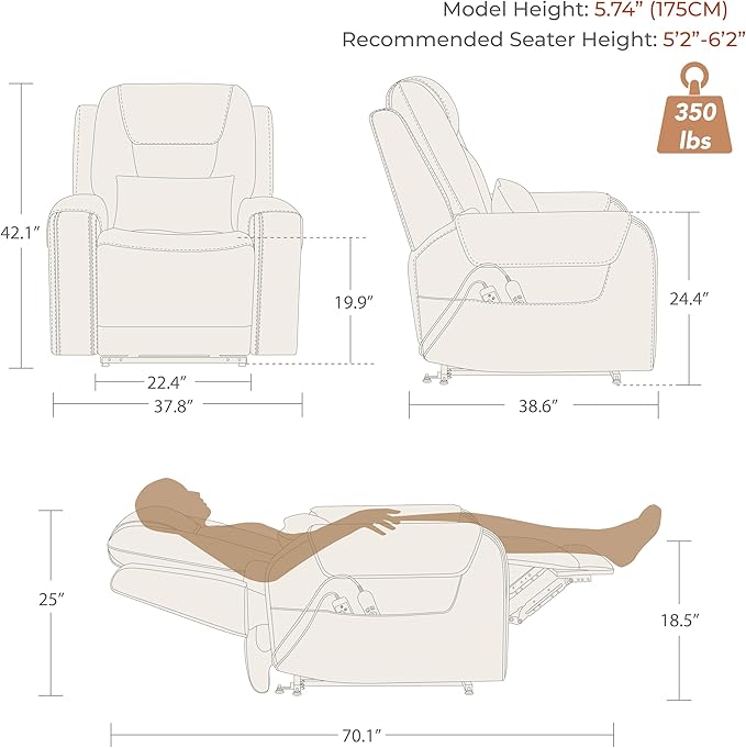 CHITA Electric Power Lift Recliner Chair for Elderly with Massage and Heat, Large Lay Flat Genuine Leather Recliner Chair with Cup Holders, USB Ports, Power Headrest, Independent Backrest, Navy
