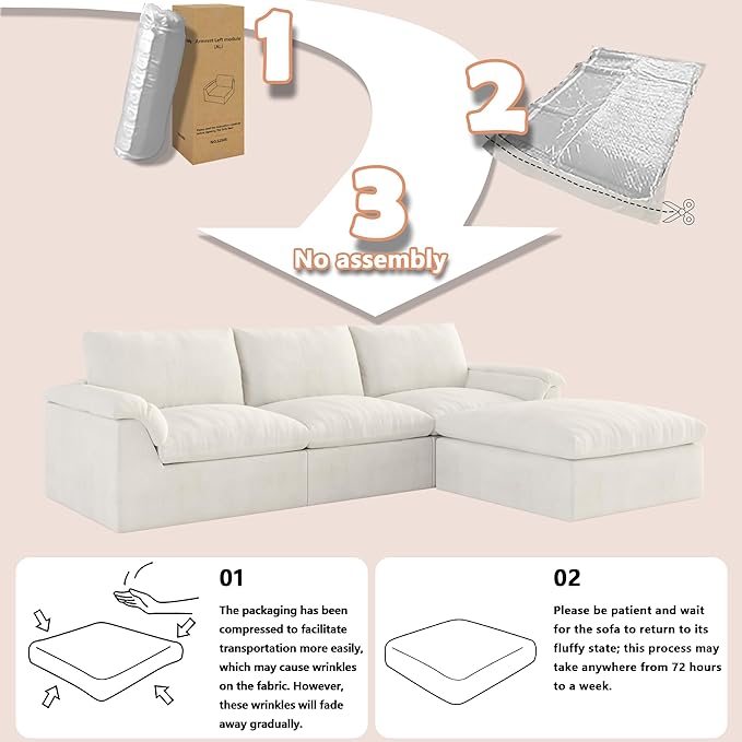 EASE MOOSE Boneless Modular Cloud Couch, Oversized L-Shaped Sectional Sofa for Living Room with Ottoman, Extra Large Movable Couches, 6-Deep-Seat Sofas for Bedroom, Apartment, Chenille (White)