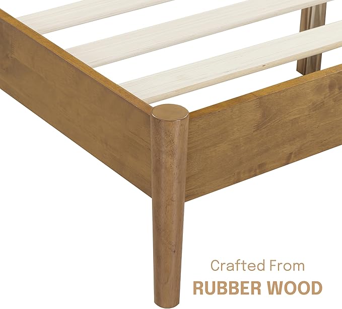 NTC Inno Wooden Bed Frame with Headboard, Solid Oak and Rubber Wood Foundation with Silent Slats and Wood Central Supports, 1000 Lb Capacity, Effortless Assembly, Queen - Teak Look