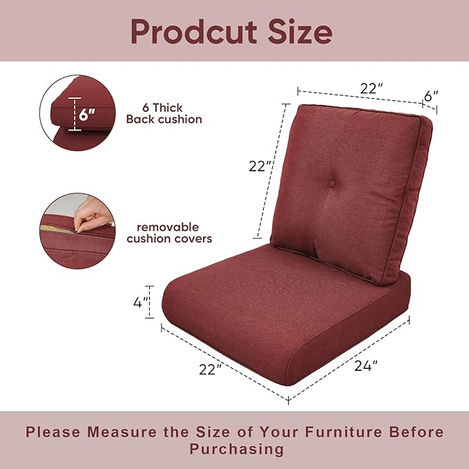 7-Piece Outdoor Patio Cushion Set - Fade & Water Resistant with Removable Olefin Cover, 22x24x4 Inch Memory Foam Cushions for Wicker Sectional Sof - Red/Buckle
