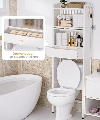 Over The Toilet Storage Shelf with Drawer, Above Bamboo Bathroom Organizer Cabinet with Anti-Tip and Waterproof Feet Pad Design, Freestanding Shelf for Bathroom (White)