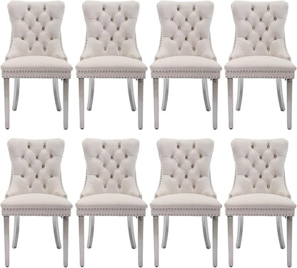 Velvet Upholstered Dining Chairs Set of 8, Modern Style Kitchen Side Chairs with Nailhead Trim and Silver Plated Leg, Metal Pulling Ring for Dining Room Living Room(Creamy White)