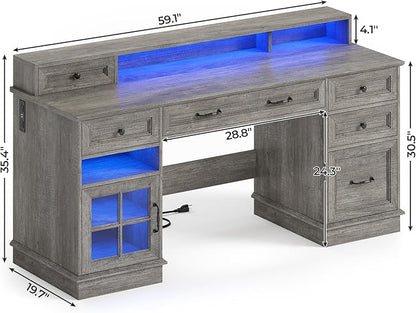 BTHFST Farmhouse Executive Desk with File Drawer, Computer Desk with Charging Station & LED Lights, Home Office Desk with Drawers & Storage Cabinet, Executive Office Desk with Monitor Stand, Grey