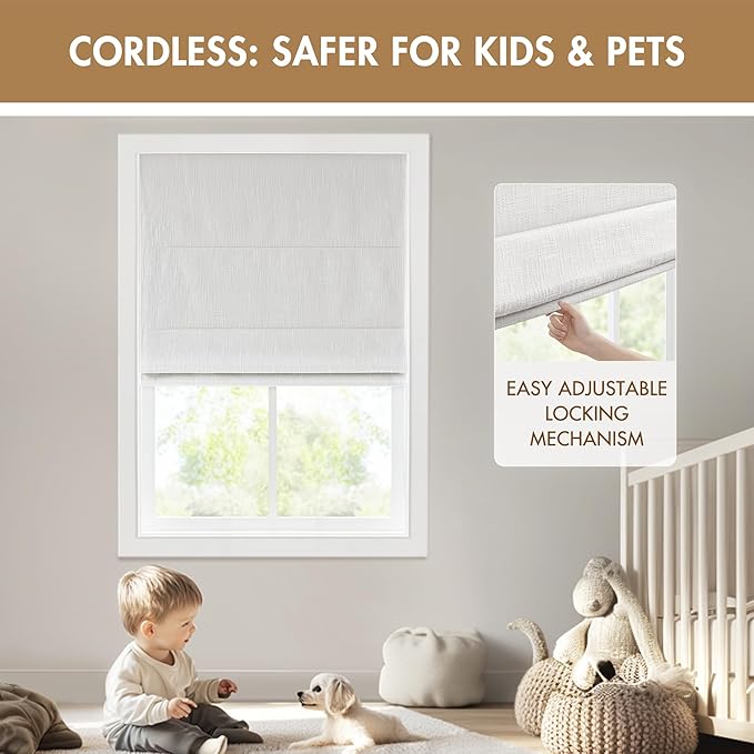 Madison Park Cordless Roman Shades, Total Blackout Window Blind Privacy Window Shades, Thermal Insulated Cordless Window Treatment for Bedroom, Living Room, Quincy, Single Panel 31" W X 64" H White