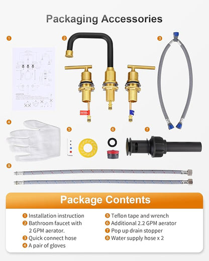 WOWOW Widespread Bathroom Faucet 3 Hole Bathroom Sink Faucet 2 Handle Vanity Faucet 8 Inch with Pop-Up Drain Black and Gold