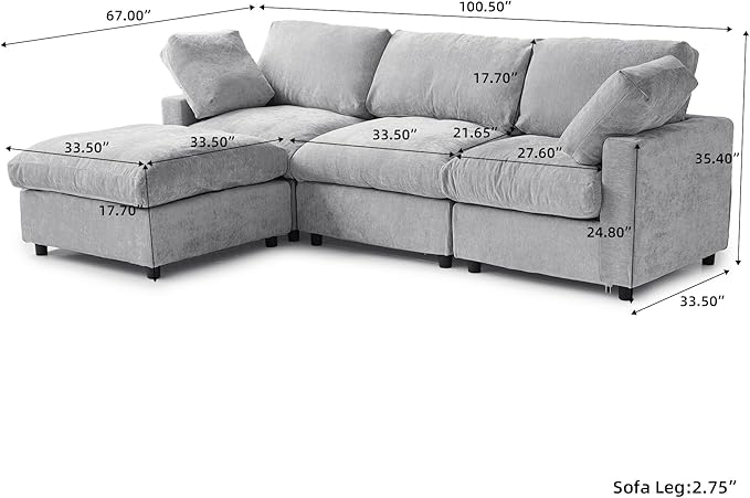 Cloud Sectional Couches for Living Room,100.5" Convertible L Shaped Couch with Ottoman, 4 Seater Modular Sectional Sofa,Deep Seater Furniture Sets,Gray