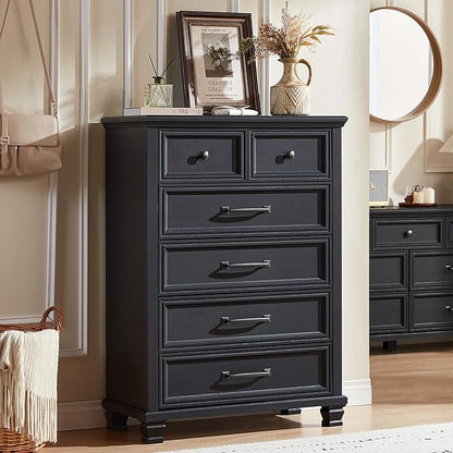 Farmhouse Bedroom Dresser and Nightstand Set of 4, 6 Drawer Tall & Low Dresser & 2 Drawer Nightstand Set, Rustic Wood Bedroom Furniture Set for Livingroom, Hallway, Black