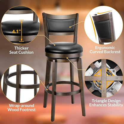 PrimeZone Swivel Bar Stools Set of 3, 30 Inch Bar Height Barstools, Black Faux Leather Bar Stool with High Backrest & Solid Wood Legs & Wrap-Around Footrest, Counter Stools for Kitchen Island, Pub