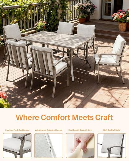7-Piece Outdoor Patio Dining Set, Aluminum Patio Dining Set with 2.2" Umbrella Hole, Outdoor Table and Chairs with Cushions, Patio Furniture Sets for Lawn, Garden, Backyard, Limed Oak